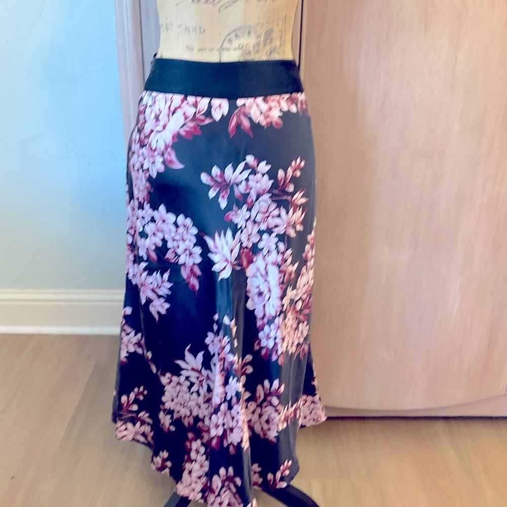 Vintage 90s/Y2K SILK black pink Vampire Goth Floral Fairy Hi-Lo Midi Skirt 12